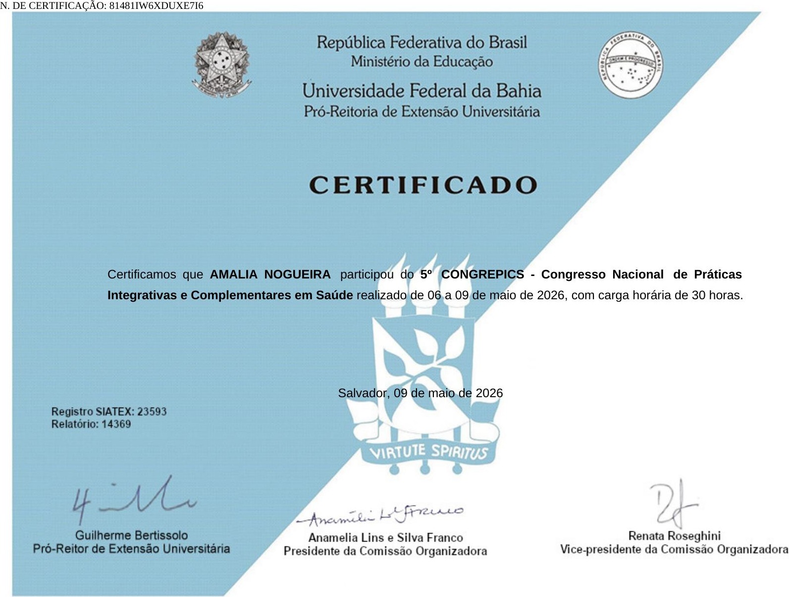 Certificado — 5º CONGREPICS · Congresso Nacional de Práticas Integrativas e Complementares em Saúde · UFBA, Salvador, maio de 2026 · 30h