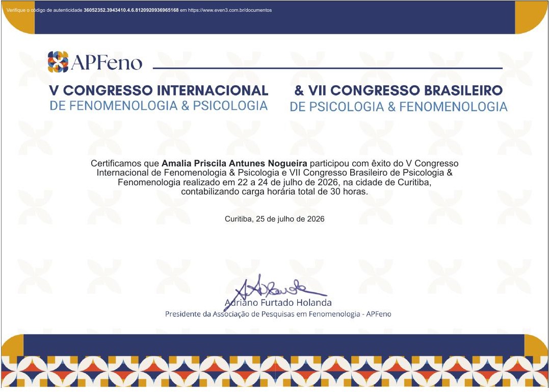 Certificado — V Congresso Internacional de Fenomenologia & Psicologia e VII Congresso Brasileiro de Psicologia & Fenomenologia (APFeno) · Curitiba, jul. 2026 · 30h