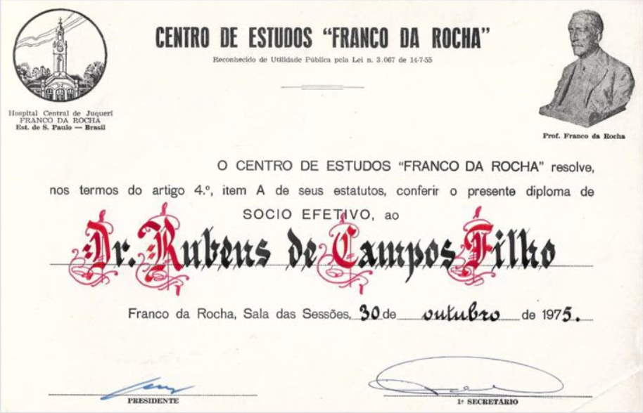 Diploma de Sócio Efetivo do Centro de Estudos Franco da Rocha concedido ao Dr. Rubens de Campos Filho