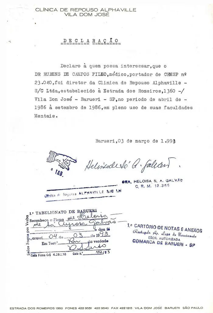 Declaração — Diretor da Clínica de Repouso Alphaville (1993)