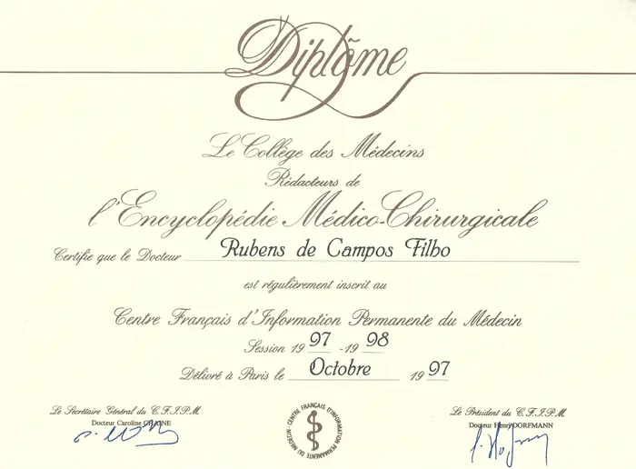 Diplôme — Le Collège des Médecins · Encyclopédie Médico-Chirurgicale, Paris (1997)