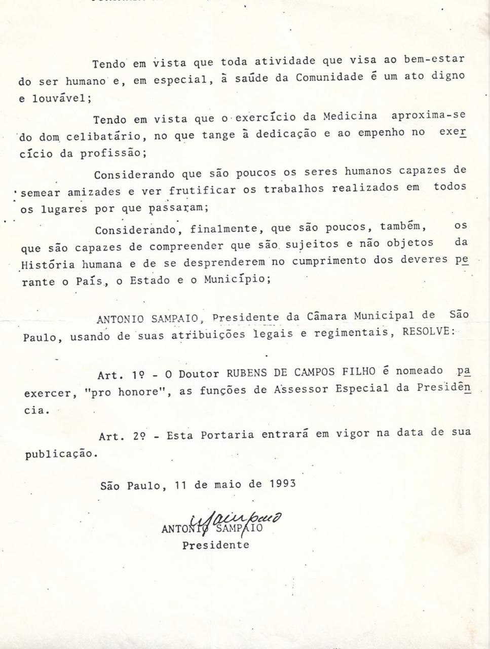 Portaria do Título Pro Honore de Assistente do Presidente da Câmara Municipal de São Paulo concedido ao Prof. Dr. Rubens de Campos Filho