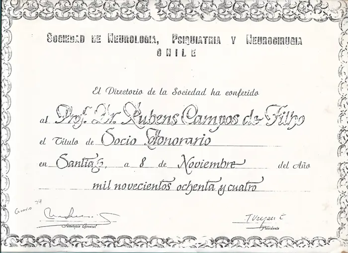 Sociedad de Neurología, Psiquiatría y Neurocirugía do Chile — Sócio Honorário (1984)