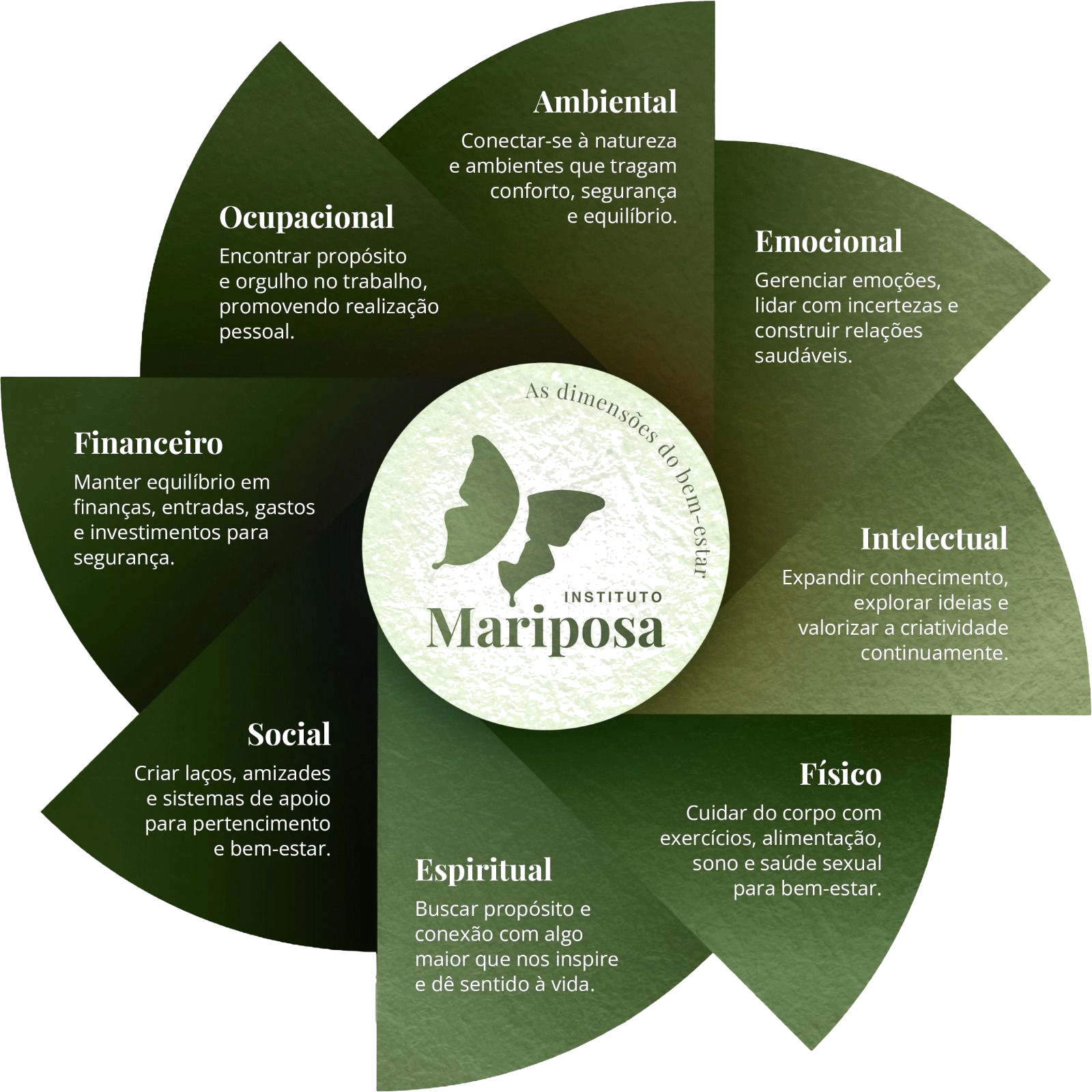 As oito dimensões do bem-estar: ambiental, emocional, intelectual, físico, espiritual, social, financeiro e ocupacional